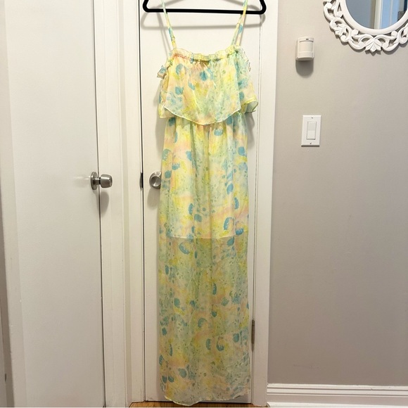 NEW Ladakh Watercolor Chiffon Sleeveless Maxi Dress 6 sundress flowy yellow blue - Picture 1 of 10